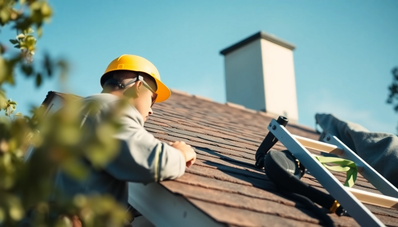 Expert roofing contractor Pleasanton inspecting shingles on a residential roof.
