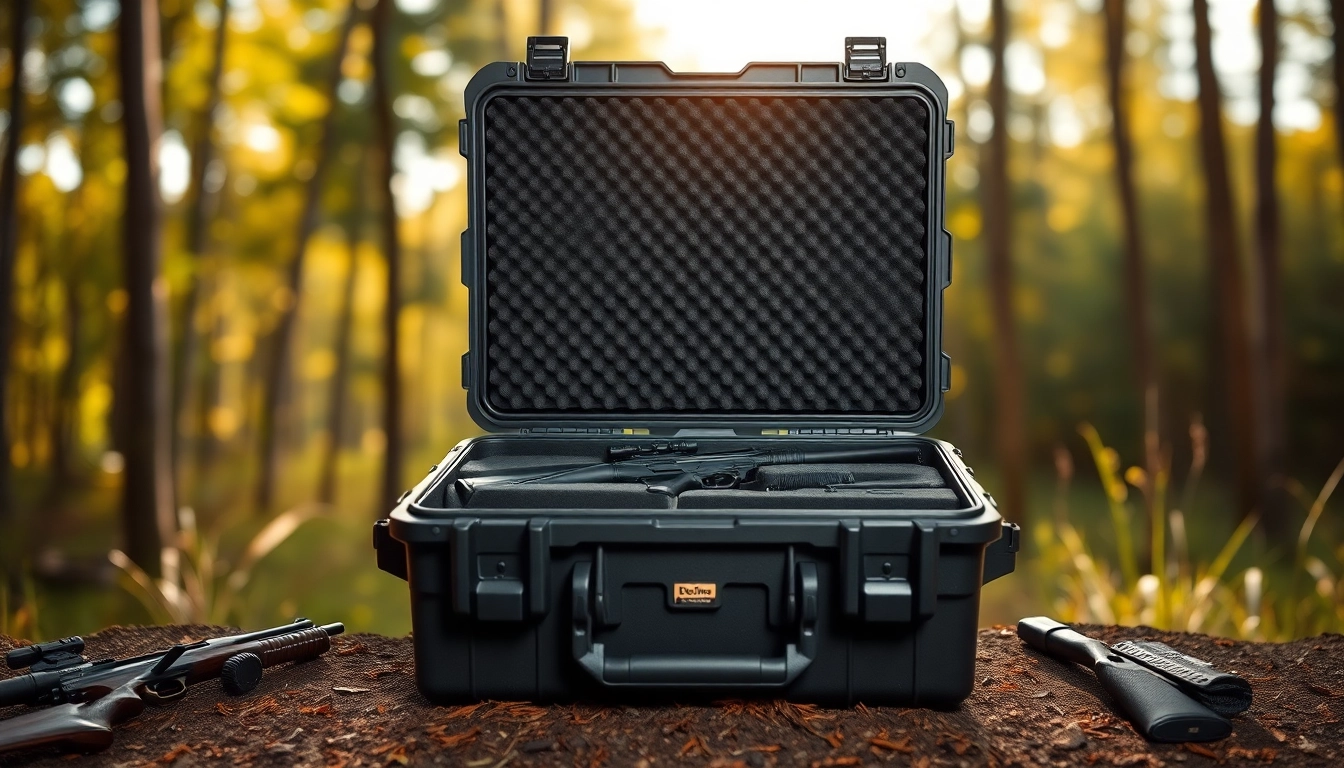 Pelican gun case for sale showcasing durable features and interior layout in a scenic outdoor setting.