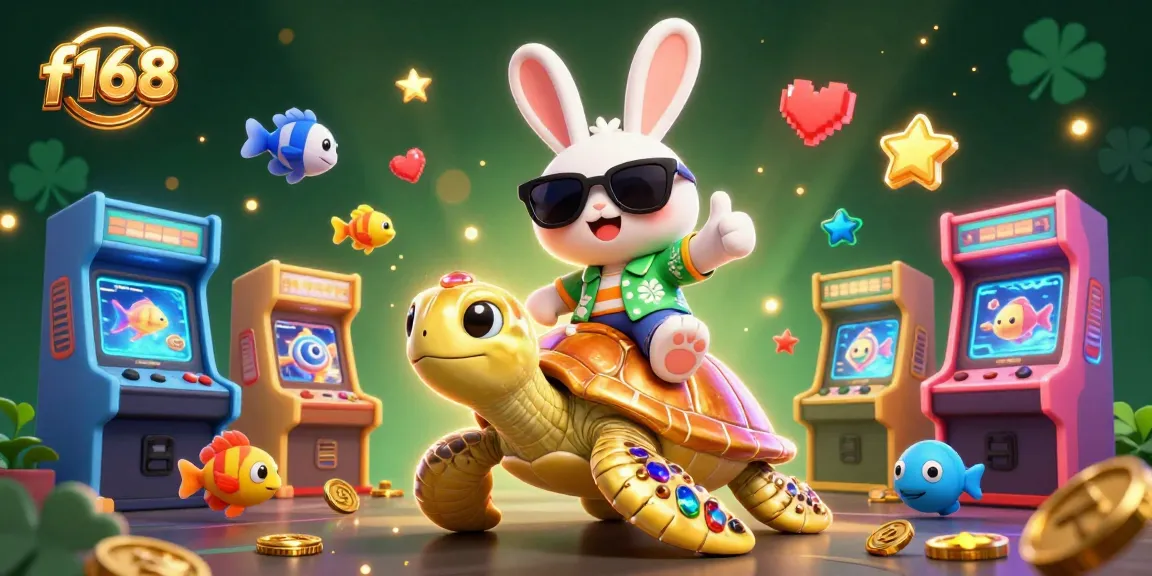 Join the excitement at f168 with a vibrant scene featuring a lucky rabbit and a golden turtle in a dynamic casino gaming environment.