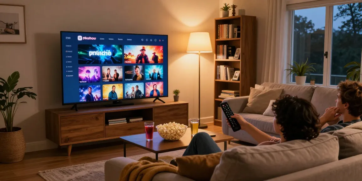 Pikashow streaming interface on a TV with popcorn and drinks in a cozy living room