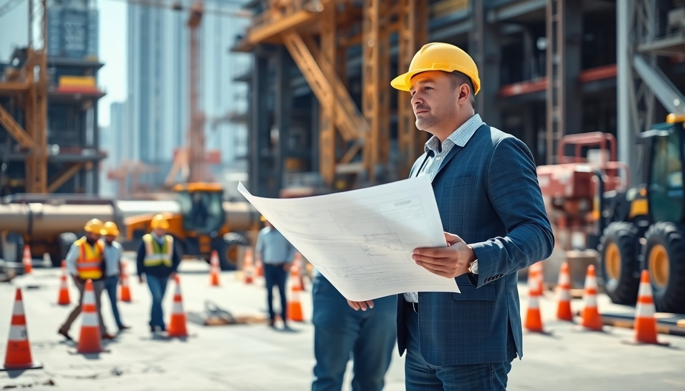 New Jersey Construction Manager supervising a construction site with plans in hand, highlighting teamwork and machinery.