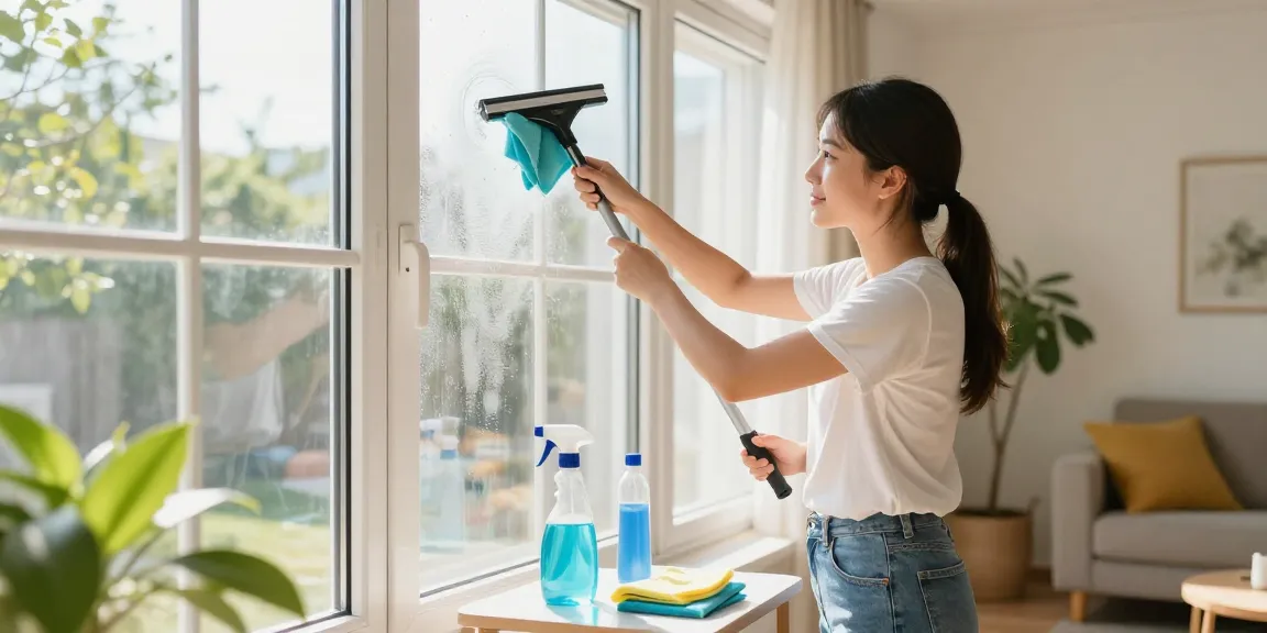 Professional glasreinigung preis service with a cleaner washing sparkling windows in a bright home.