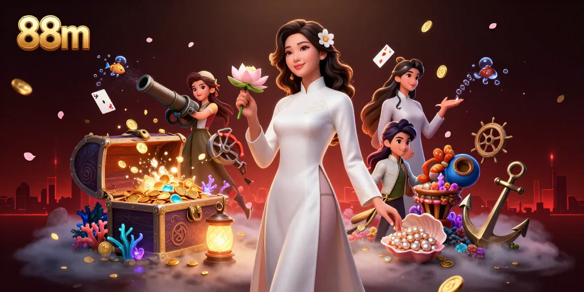 Engage with 88m's vibrant casino atmosphere featuring an elegant woman amidst gold coins and rich game elements.