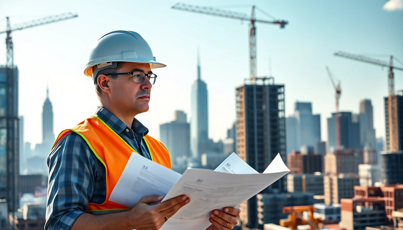 New York Construction Manager inspecting a bustling construction site in New York City.