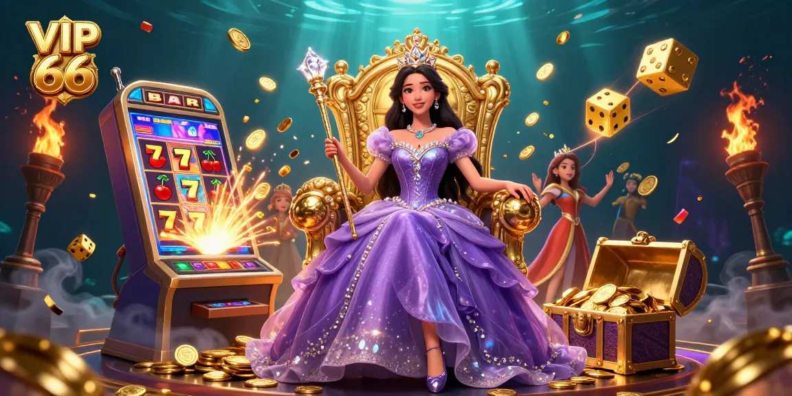Experience VIP 66 with a captivating online casino scene featuring dynamic slot elements and a regal character.