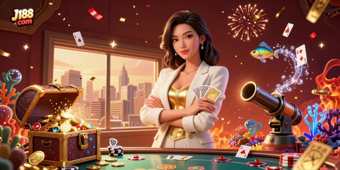 Engage in thrilling casino action at J188 com with a glamorous professional woman distributing golden cards.