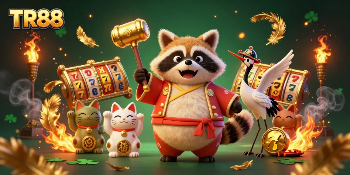 Experience the excitement of TR88 casino with cheerful characters amidst dynamic slot game elements.