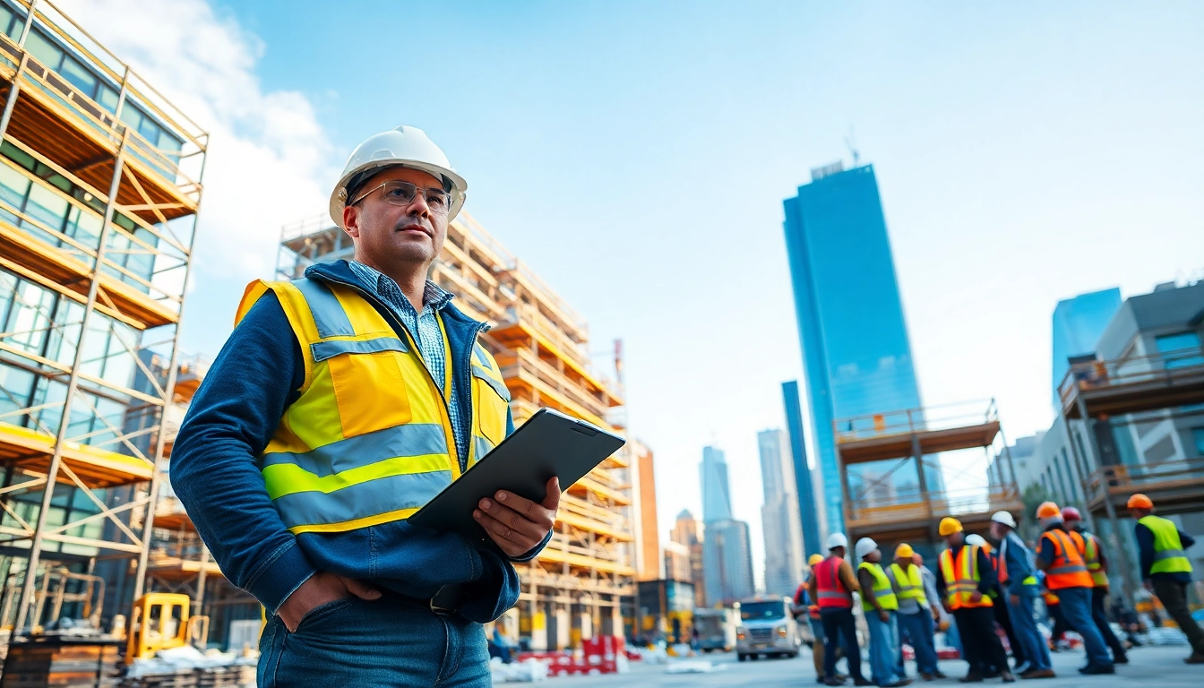 New York General Contractor overseeing a bustling construction site with a modern skyline.