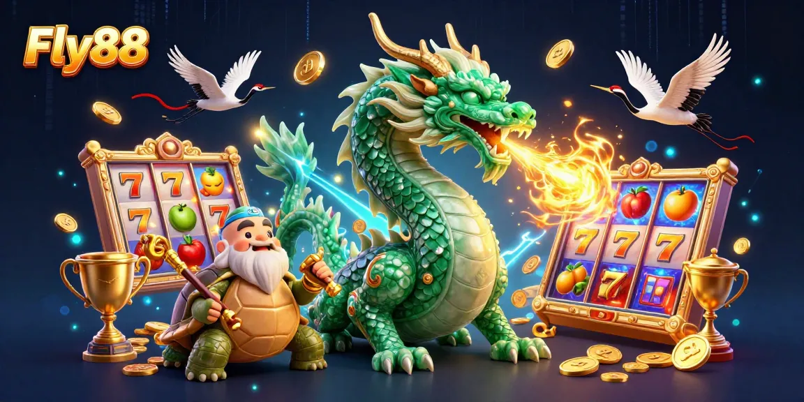 Experience thrilling gameplay at Fly88 with a captivating 3D illustration of slot games, dragon, and cartoon sage.