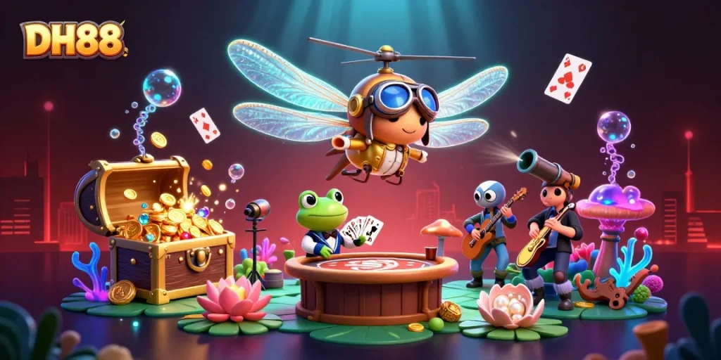 Experience the excitement of DH88 with a vibrant underwater casino scene, featuring a dragonfly pilot and frog croupier.