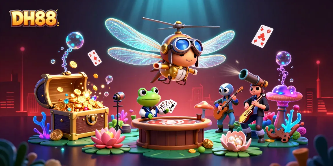 Experience the excitement of DH88 with a vibrant underwater casino scene, featuring a dragonfly pilot and frog croupier.