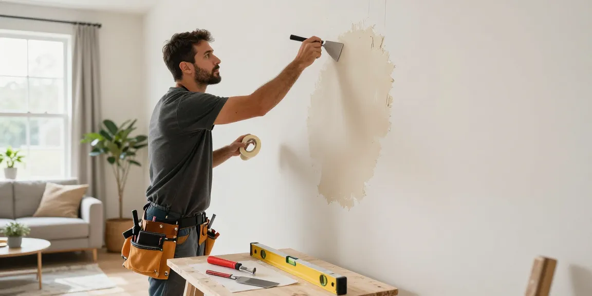 Professional handyman repairing drywall, showcasing HubPro repair services in a bright living room.