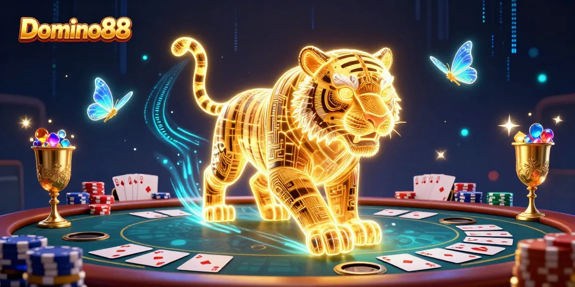 Play poker at Domino88, with an energetic golden tiger character in a vibrant casino setting.