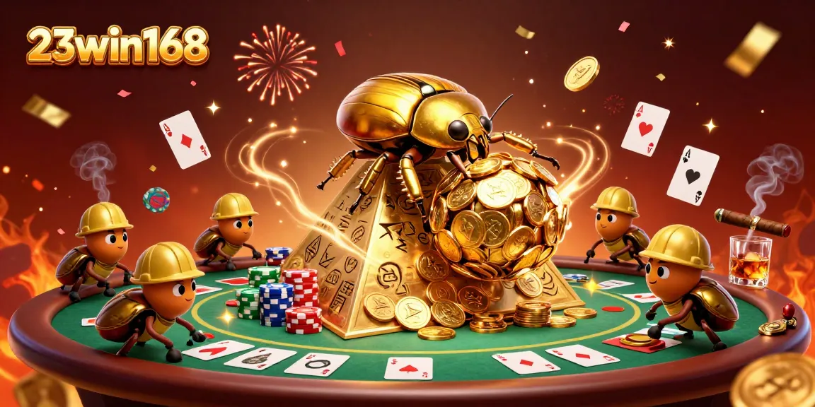 Experience poker thrills at 23win168 with massive golden beetles rolling coins amidst dynamic casino action.