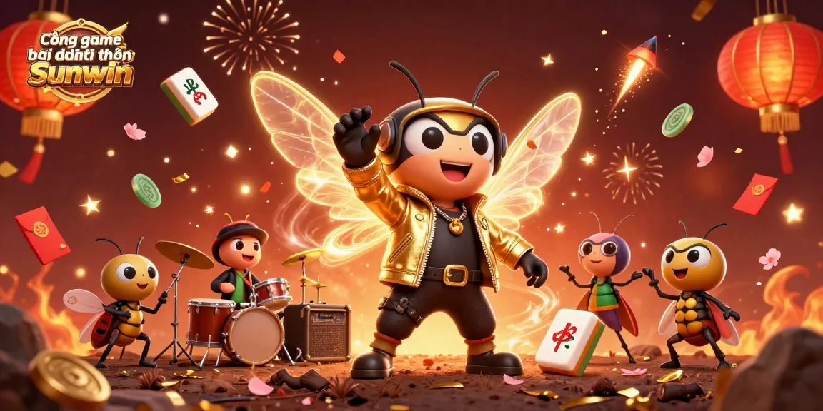 Experience Cổng game bài đổi thưởng Sunwin with this vibrant illustration featuring a cartoon cicada rock star.