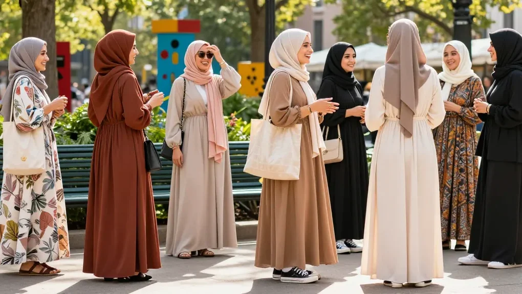 Women in stylish modest fashion outfits enjoying a vibrant city park.