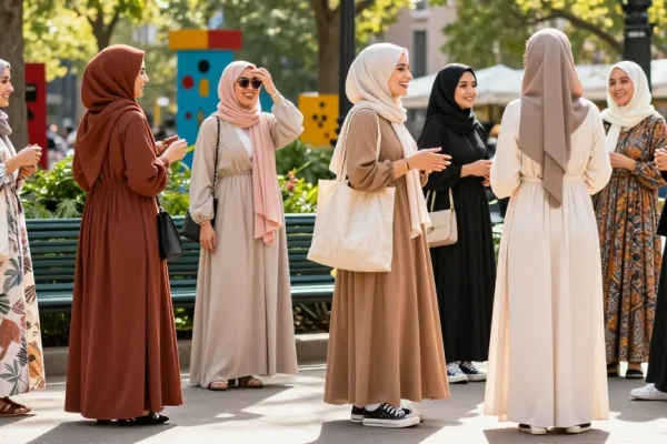 Women in stylish modest fashion outfits enjoying a vibrant city park.