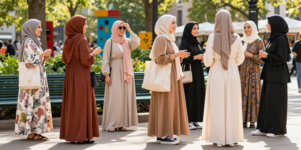 Women in stylish modest fashion outfits enjoying a vibrant city park.