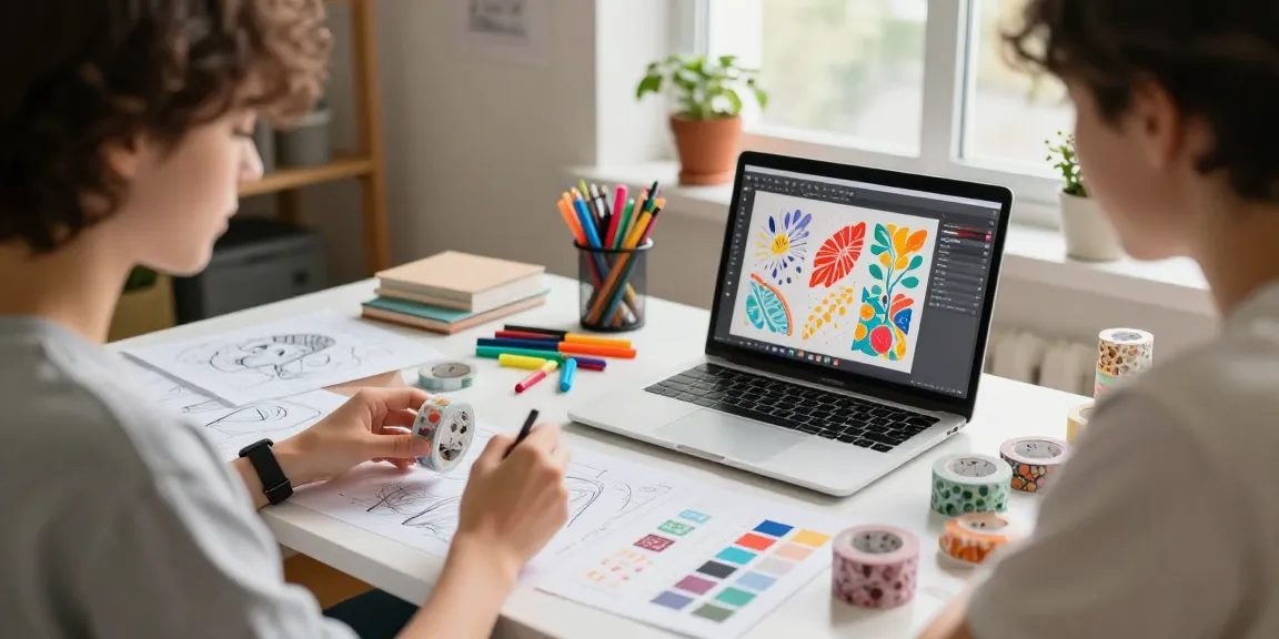 Designer creating custom washi tape with colorful patterns at vibrant workspace.