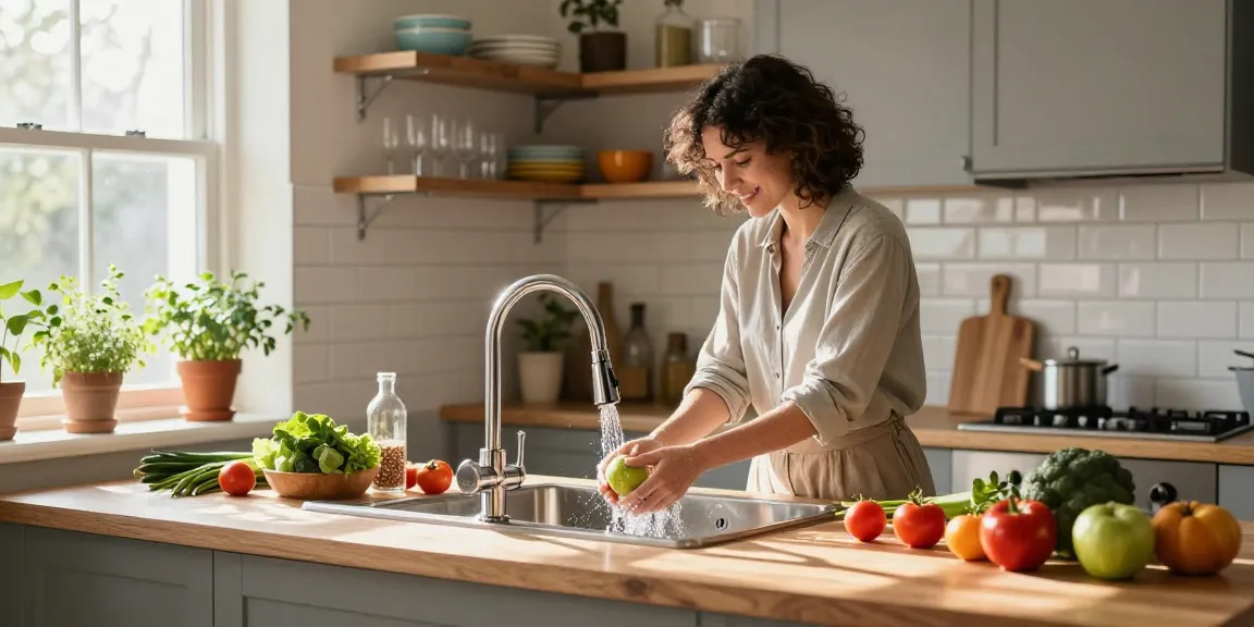 A modern kitchen sink in stainless steel being used to wash fresh produce, showcasing an inviting and well-decorated home kitchen environment.