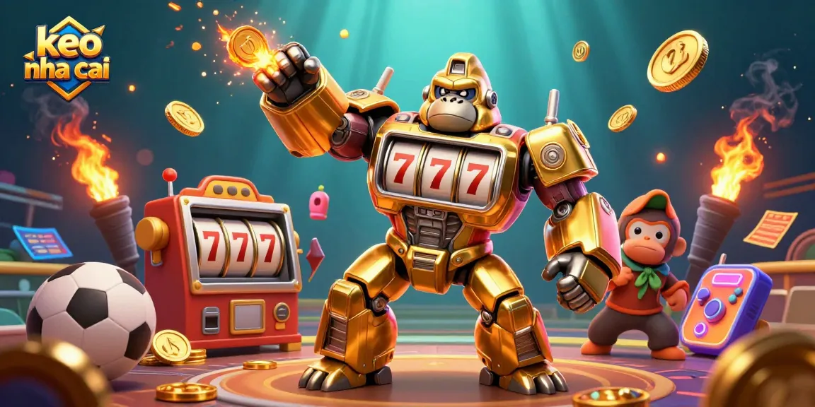 Engage with keo nha cai illustrated through a powerful golden gorilla mech in an energetic sports betting scene.