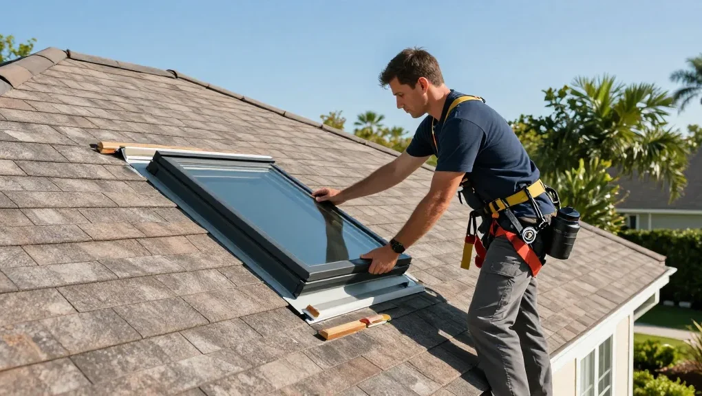 Skylight repair expert assessing a rooftop skylight in Tampa, strengthening sealing to prevent leaks on https://avatarroofing.com/skylight-installation-and-repair-tampa/skylight-repair-tampa/.
