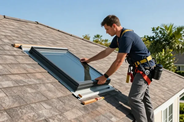 Skylight repair expert assessing a rooftop skylight in Tampa, strengthening sealing to prevent leaks on https://avatarroofing.com/skylight-installation-and-repair-tampa/skylight-repair-tampa/.