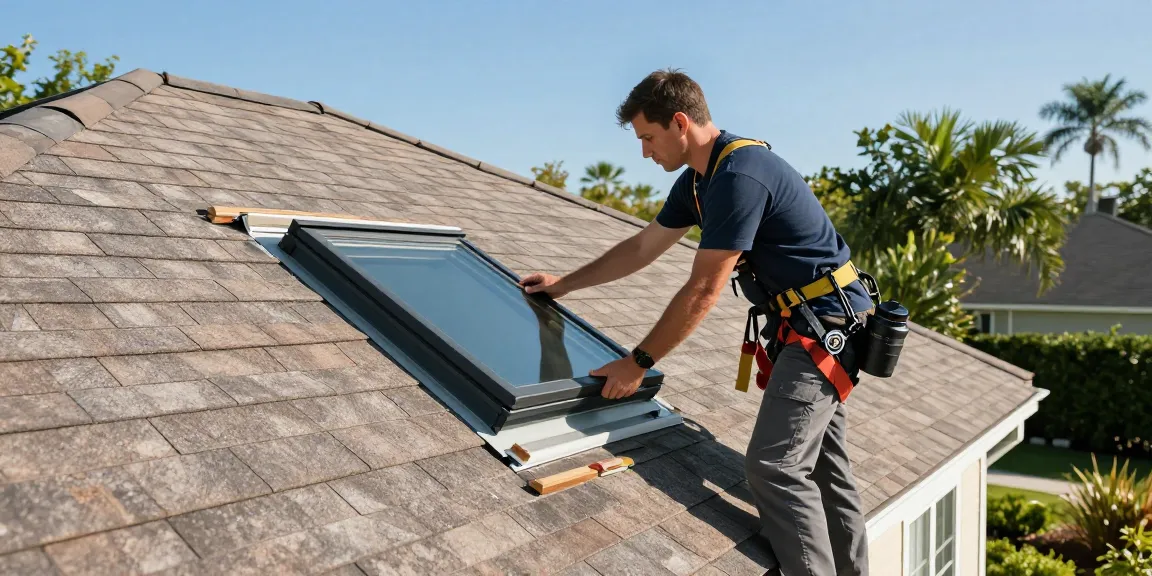 Skylight repair expert assessing a rooftop skylight in Tampa, strengthening sealing to prevent leaks on https://avatarroofing.com/skylight-installation-and-repair-tampa/skylight-repair-tampa/.