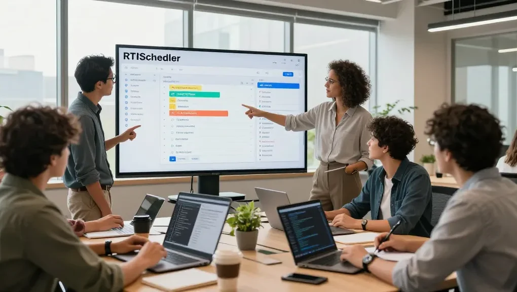 Team collaborating using RTIScheduler in a modern workspace, showcasing productivity and teamwork.