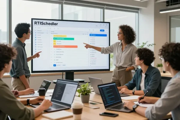 Team collaborating using RTIScheduler in a modern workspace, showcasing productivity and teamwork.