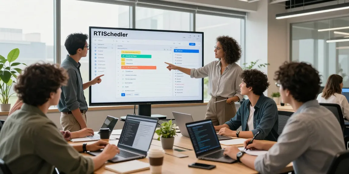 Team collaborating using RTIScheduler in a modern workspace, showcasing productivity and teamwork.