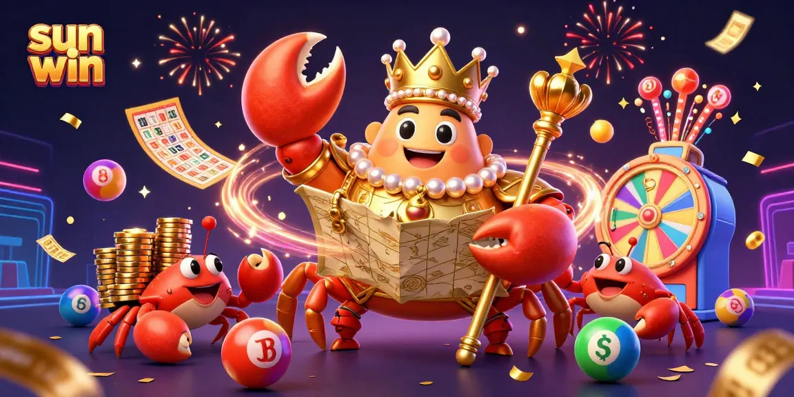 sun win promo featuring a massive golden crab emperor leading a dynamic casino scene with vibrant lottery elements