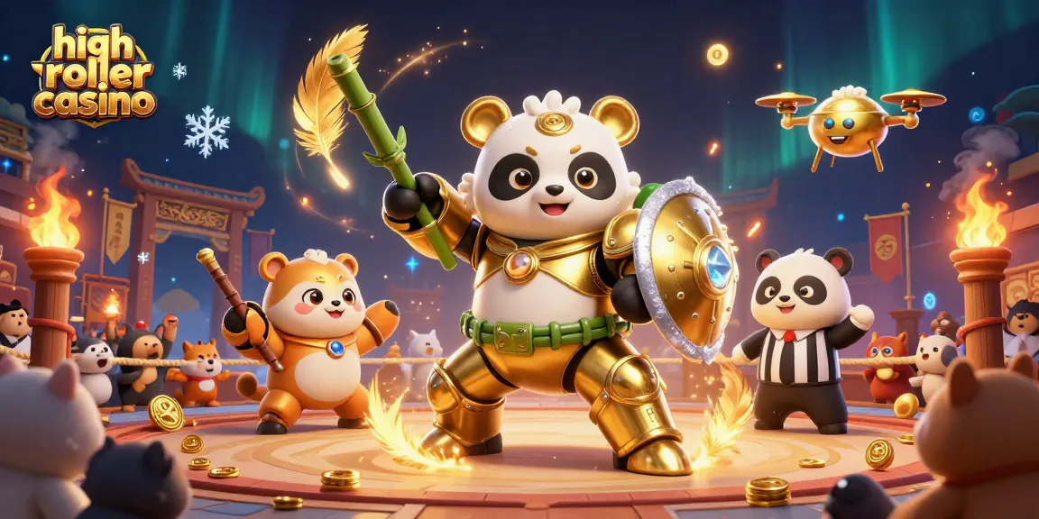 Engage in high roller casino excitement with a vibrant 3D illustration of a golden panda in a mech suit.