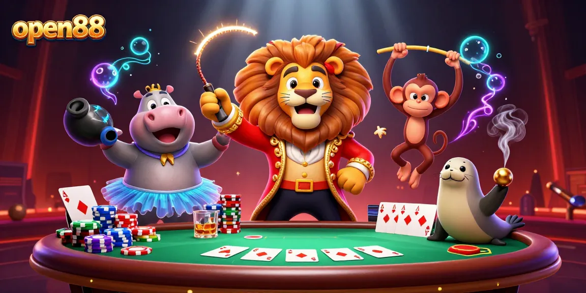 Experience exciting gameplay with open88, featuring a dynamic 3D casino scene full of whimsical characters and poker elements.