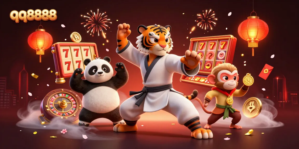 Experience thrilling games at qq8888 with a cartoon tiger master, vibrant slots, and festive elements!