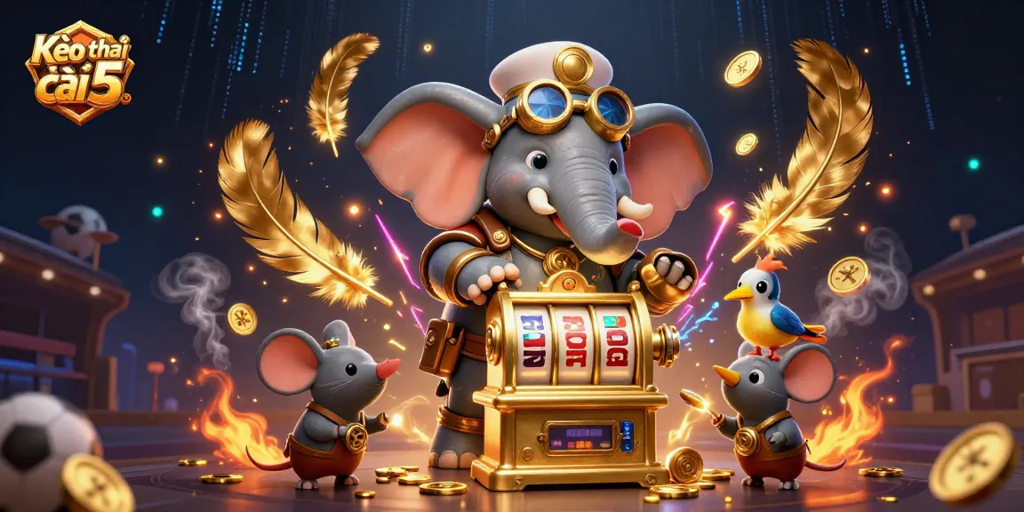 Engage with Kèo nhà cái 5 in a vibrant casino scene featuring sports elements and whimsical characters.